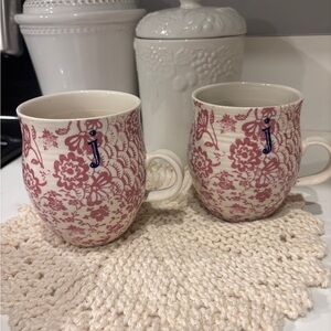 Anthropologie Homegrown Letter J monogram initial Pink and Cream Patterned Mugs